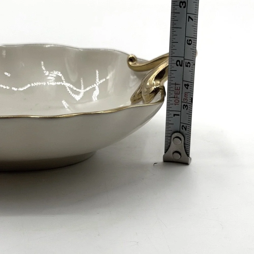 Lenox Ivory Porcelain Leaf Candy Dish Gold Trim Handle Made in USA 7.5 inch